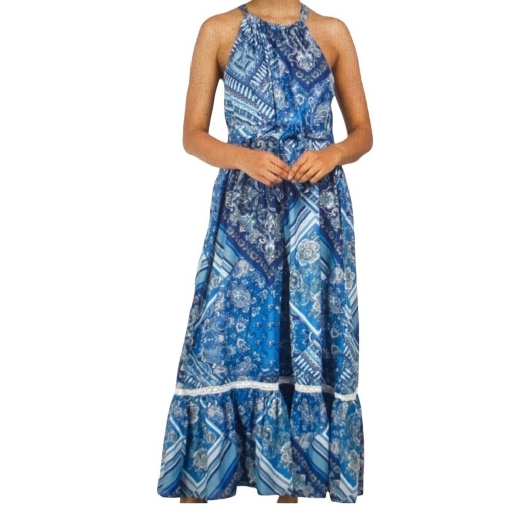 Lucky Brand Blue Multi Halter Neck Maxi Dress with Flounce Hem - Size Small